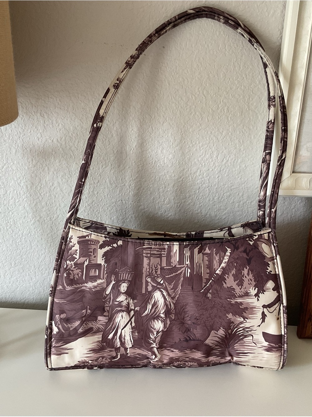 Vintage Toile-Print Shoulder Bag in Brown and Cream